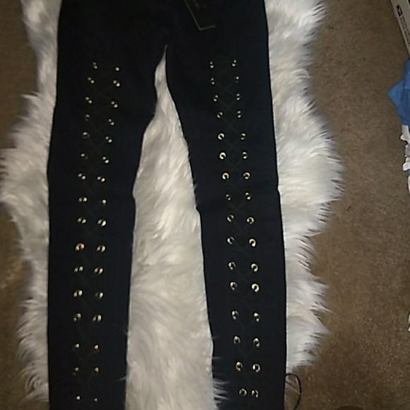Black Jean Gold Lace Up Pants - Picture 1 of 4